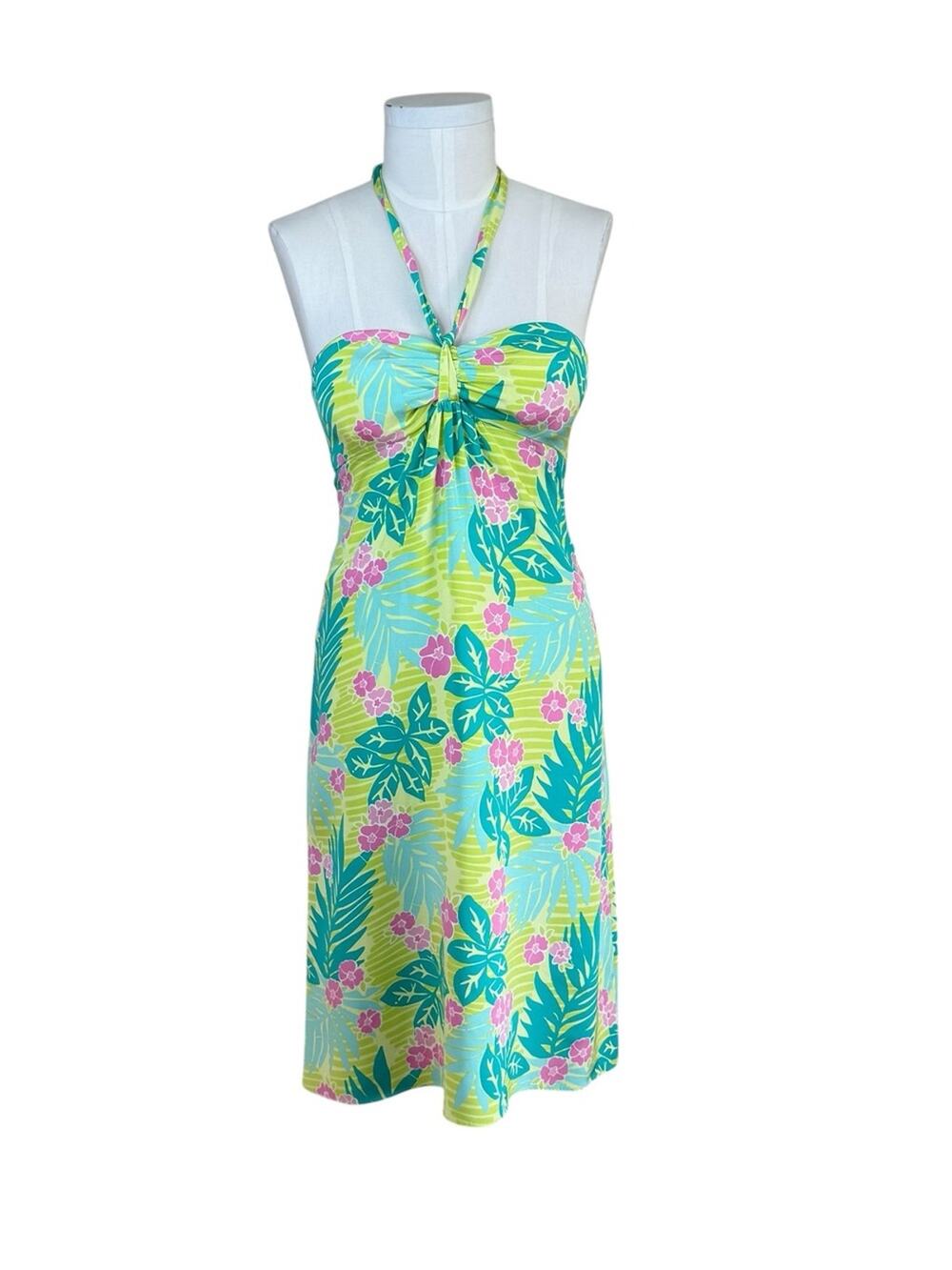 LILLY PULITZER VINTAGE Silk Lime Green Tropical Floral Halter Midi Dress Sz 8